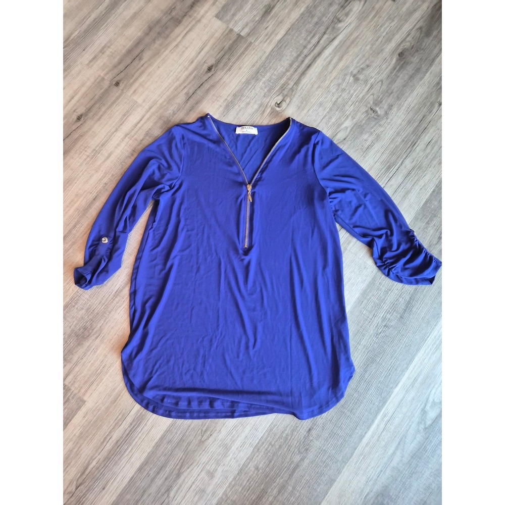 Zenana Royal Blue Half Zip Tunic Top 3/4 Roll Tab Sleeve IT-2369AB Womens S